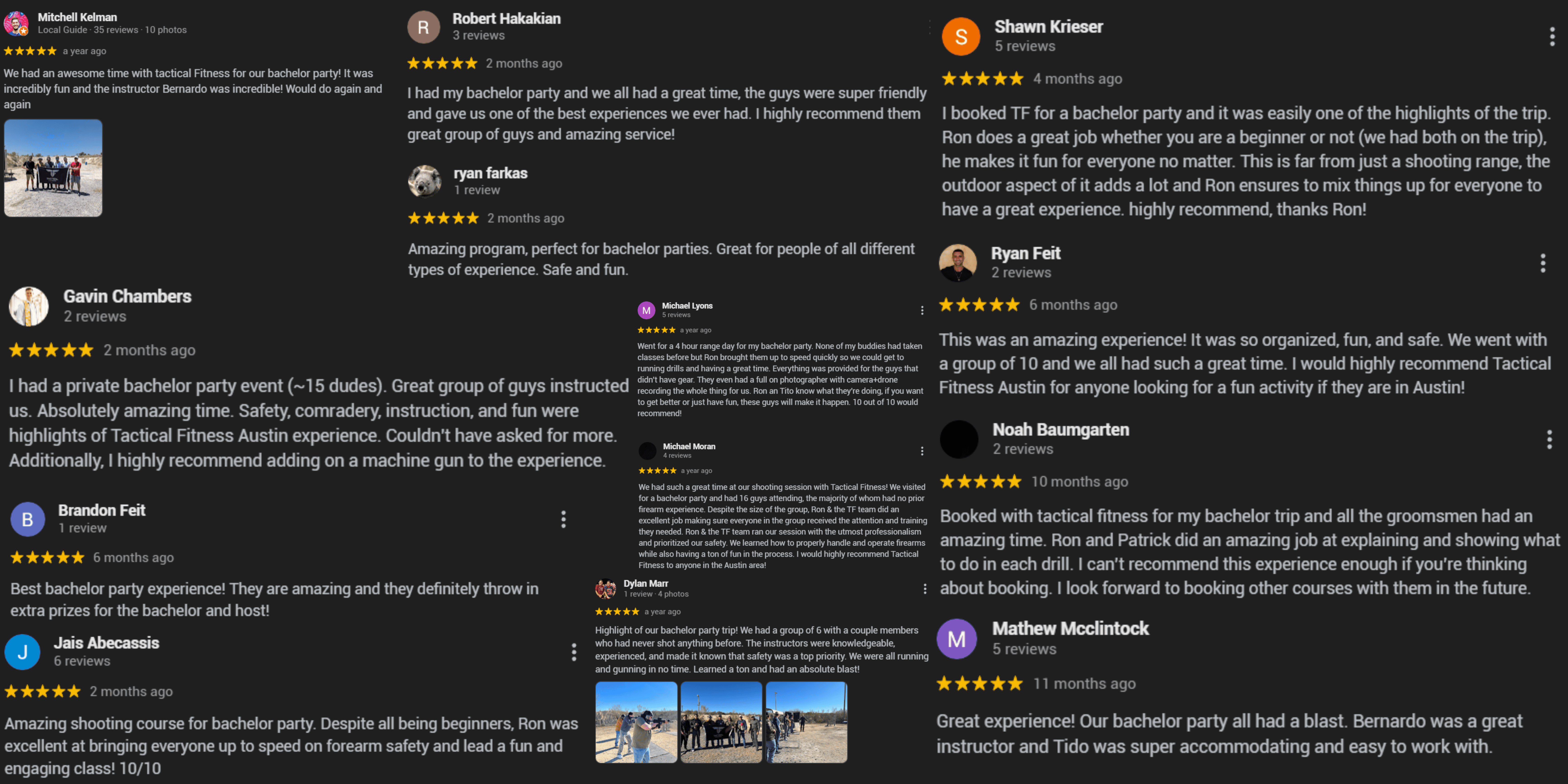 Real Google reviews from Tactical Fitness Austin bachelor party customers — 5-star ratings from Mitchell Rahman, Robert Hakakian, Shawn Krieser, Gavin Chambers, Brandon Felt, Noah Baumgarten, Jais Abecassis, Mathew Mcclintock and many more