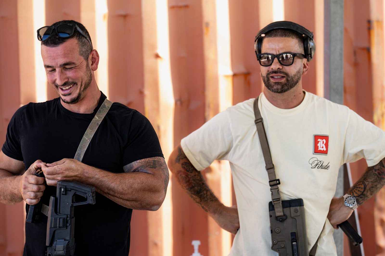 Bachelor party guys laughing at Austin range