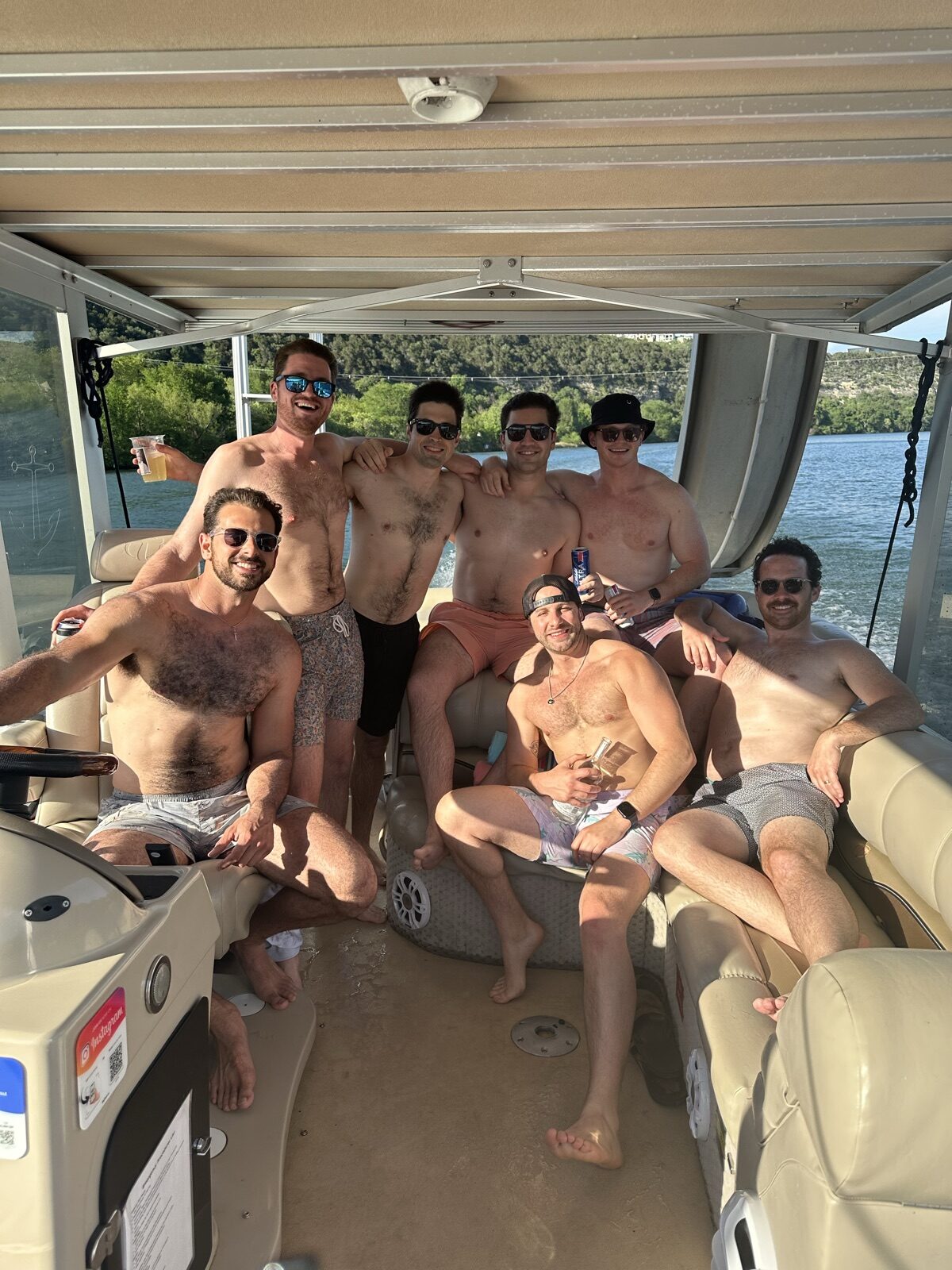 Bachelor party group on a Big Tex Boat Rentals pontoon near Austin